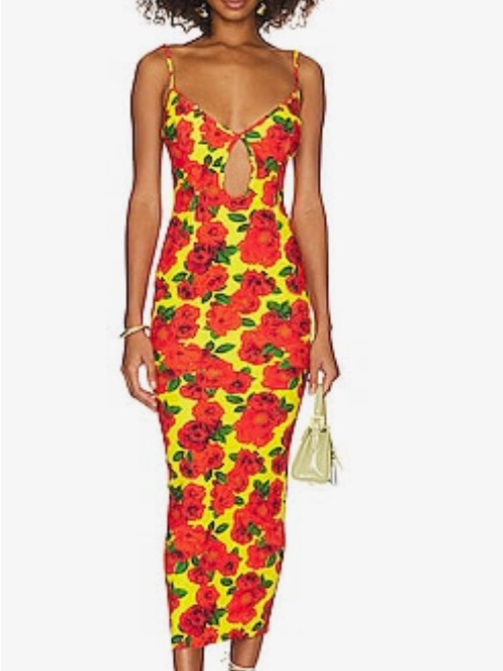 Yellow Midi Dress with Red Rose Print and Keyhole Front